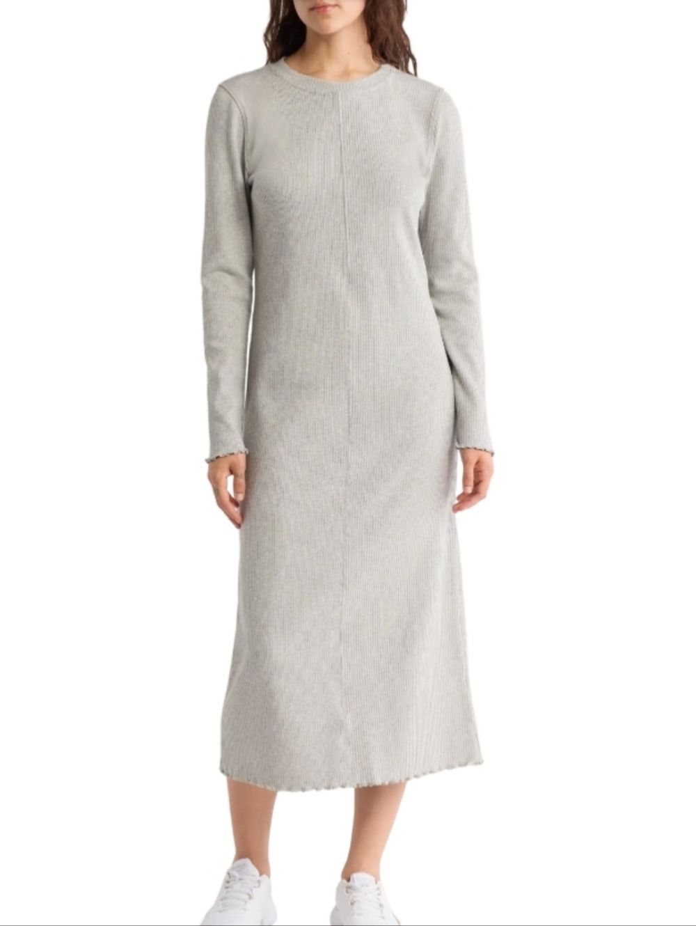 Sweaty Betty Ribbed Long Sleeve Midi Dress Gray Lettuce Hem Size M Minimalist